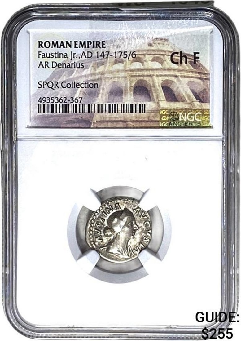 Roman Faustina Jr., AD 147-175/6 Silver Denarius NGC Ch F: Roman Faustina Jr., AD 147-175/6 Silver Denarius NGC Ch F