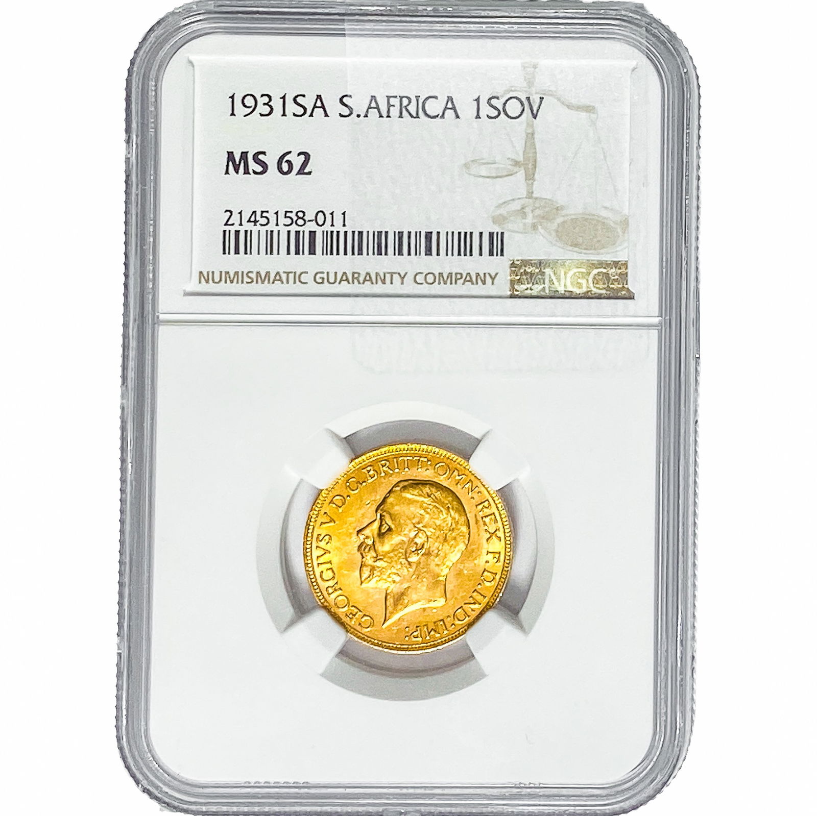1931SA S. Africa .2355oz Gold 1 Sovereign NGC MS62: 1931SA S. Africa .2355oz Gold 1 Sovereign NGC MS62
