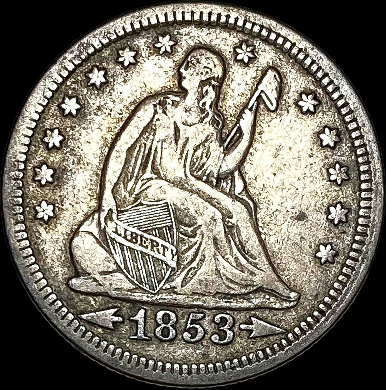 1853 Arrows/Rays Seated Liberty Silver Quarter NEARLY UNCIRCULATED (1 of 2)