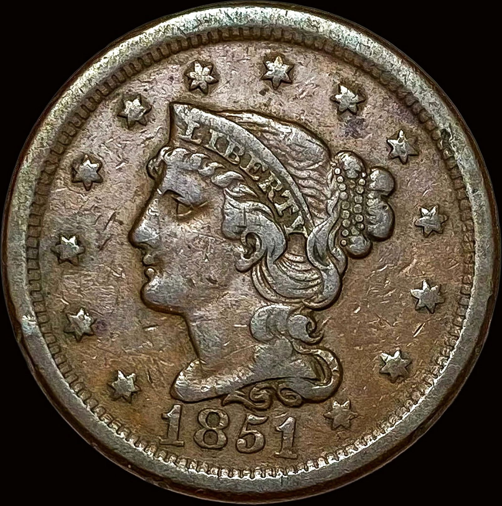 1851 Braided Hair Large Cent NEARLY UNCIRCULATED (1 of 2)