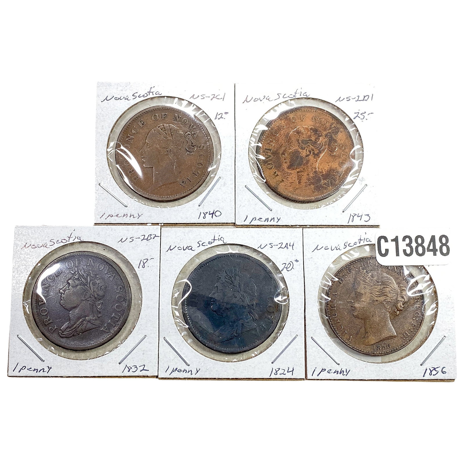 1824-1856 Nova Scotia 1 Penny Token [5 Coins]: 1824-1856 Nova Scotia 1 Penny Token [5 Coins]