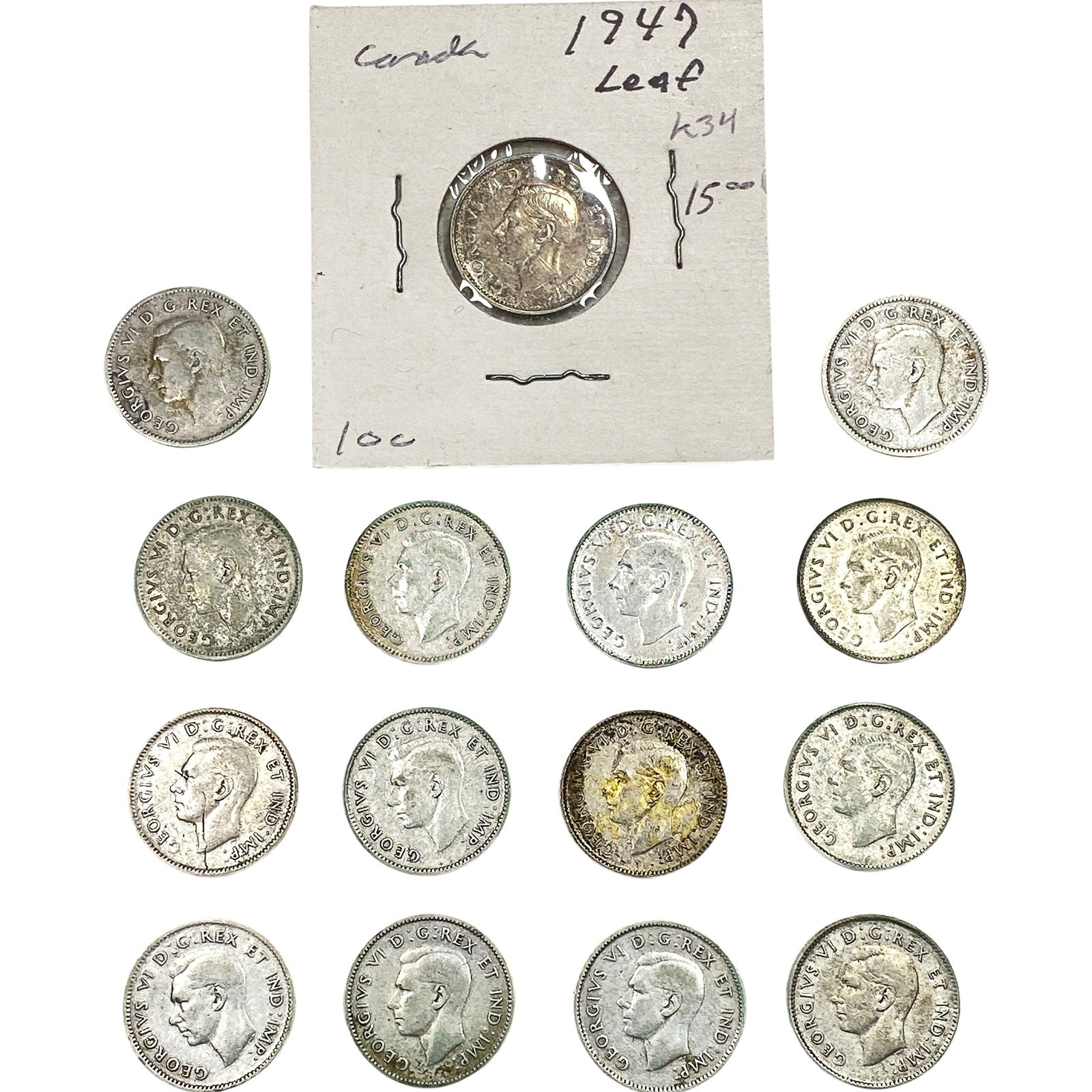1947, 1947 ML Canada Silver Dime Lot [15 Coins] (1 of 2)