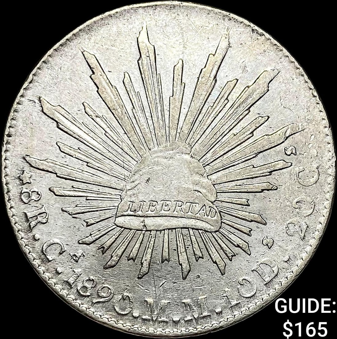 1890Ca AM Mexico Silver 8 Reales Cap and Rays CHOICE AU: 1890Ca AM Mexico Silver 8 Reales Cap and Rays CHOICE AU
