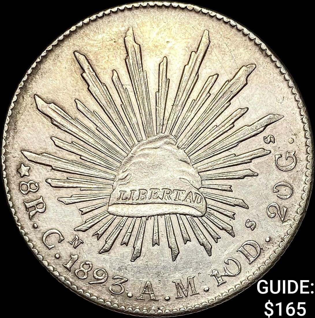 1893Cn AM Mexico Silver 8 Reales Cap and Rays CHOICE AU: 1893Cn AM Mexico Silver 8 Reales Cap and Rays CHOICE AU