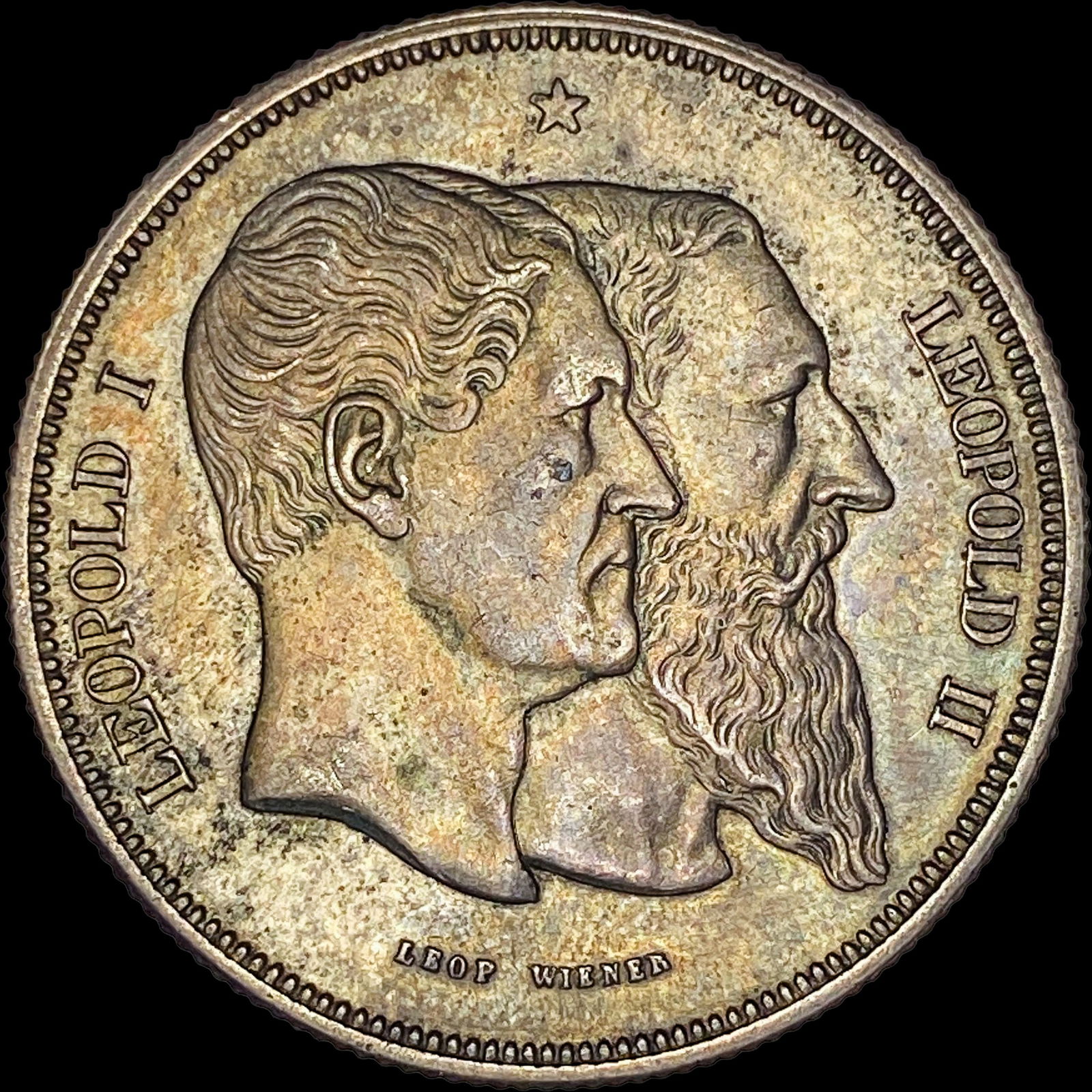 1880 Belgium Silver 5 Francs Leopold I & II HIGH GRADE: 1880 Belgium Silver 5 Francs Leopold I & II HIGH GRADE