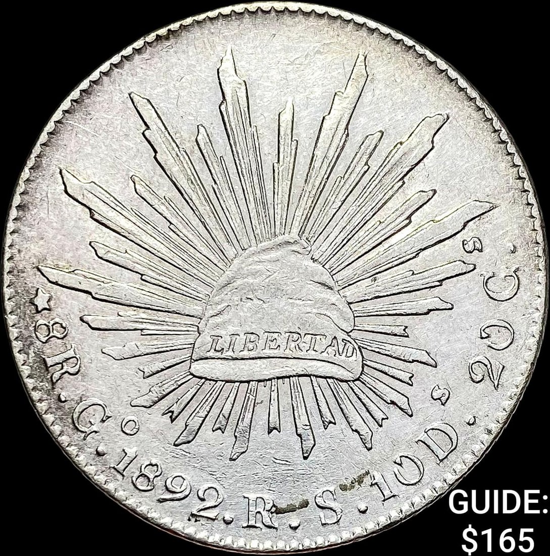 1892Go RS Mexico Silver 8 Reales Cap and Rays CHOICE AU: 1892Go RS Mexico Silver 8 Reales Cap and Rays CHOICE AU