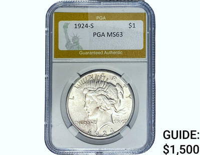 1924-S Silver Peace Dollar PGA MS63: 1924-S Silver Peace Dollar PGA MS63