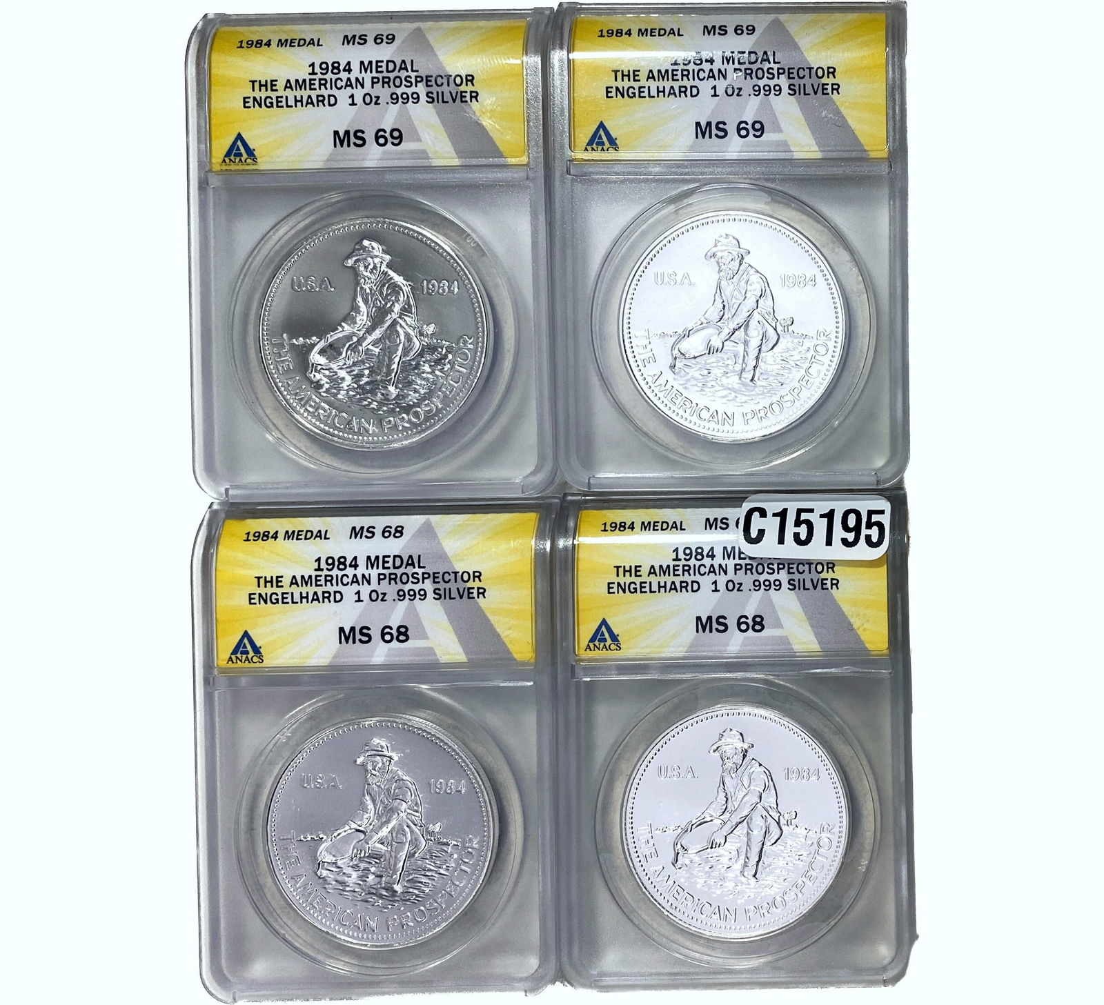 1984 Engelhard 1oz Silver Prospector Medals[4Coins] ANACS MS68/69 (1 of 2)