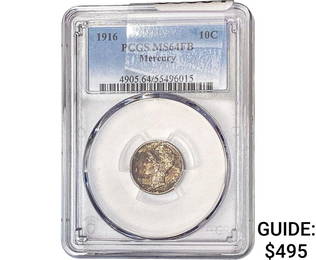 1916 Mercury Silver Dime PCGS MS64 FB