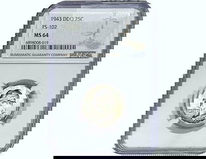 1943 DDO Washington Silver Quarter NGC MS64: 1943 DDO Washington Silver Quarter NGC MS64