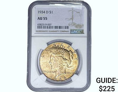 1934-D Silver Peace Dollar NGC AU55: 1934-D Silver Peace Dollar NGC AU55