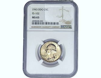 1943 DDO Washington Silver Quarter NGC MS65