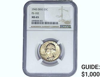 1943 DDO Washington Silver Quarter NGC MS65