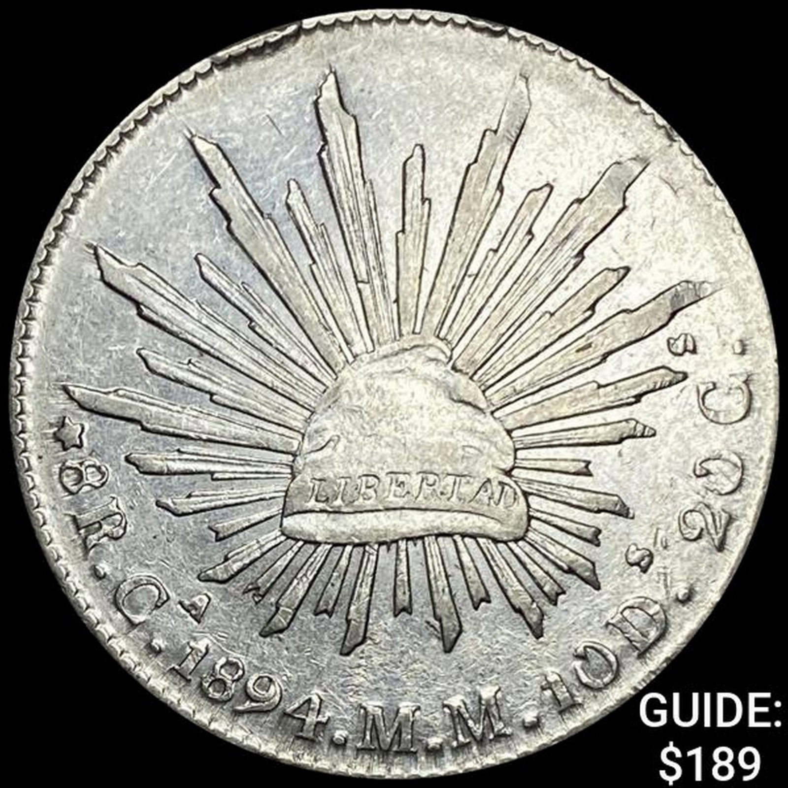 1894Ca MM Mexico Silver 8 Reales Cap&Rays CHOICE AU: 1894Ca MM Mexico Silver 8 Reales Cap&Rays CHOICE AU