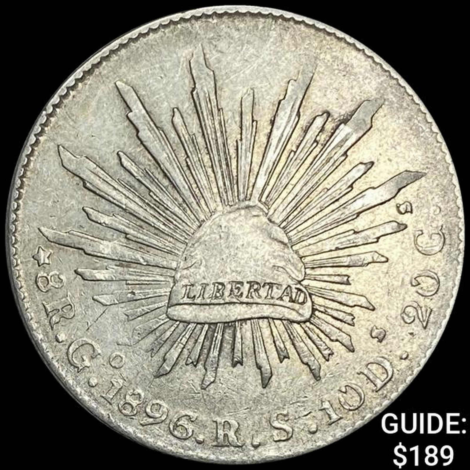 1896Go RS Mexico Silver 8 Reales Cap&Rays NEARLY UNCIRCULATED: 1896Go RS Mexico Silver 8 Reales Cap&Rays NEARLY UNCIRCULATED