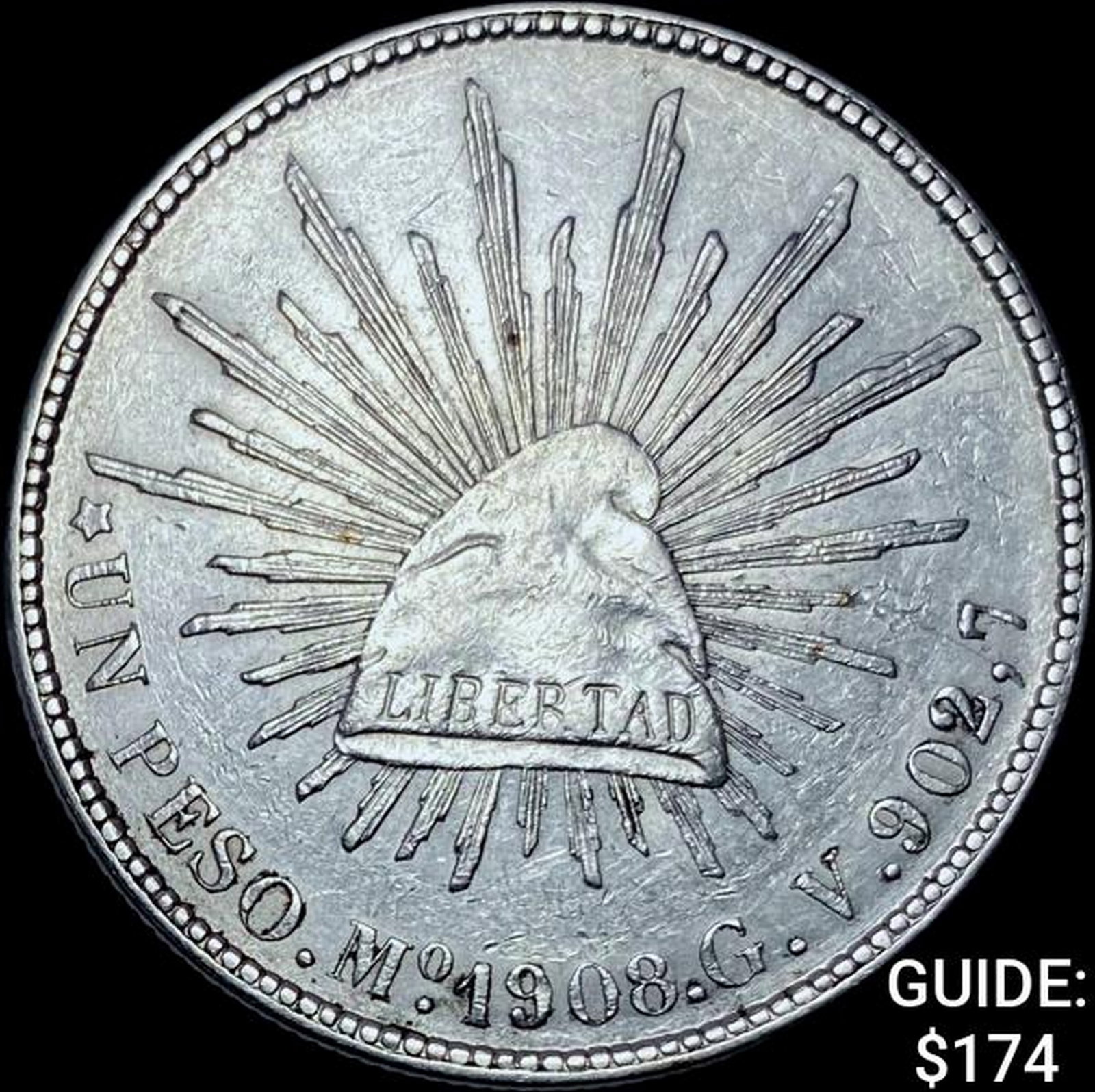 1908Mo GV Mexico Silver Peso CHOICE AU: 1908Mo GV Mexico Silver Peso CHOICE AU