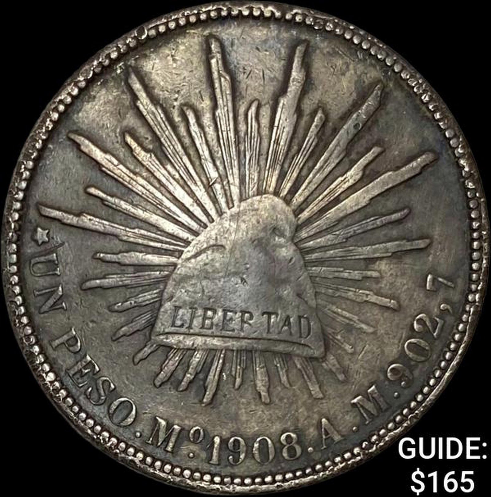 1908Mo AM Mexico Silver Peso NEARLY UNCIRCULATED: 1908Mo AM Mexico Silver Peso NEARLY UNCIRCULATED