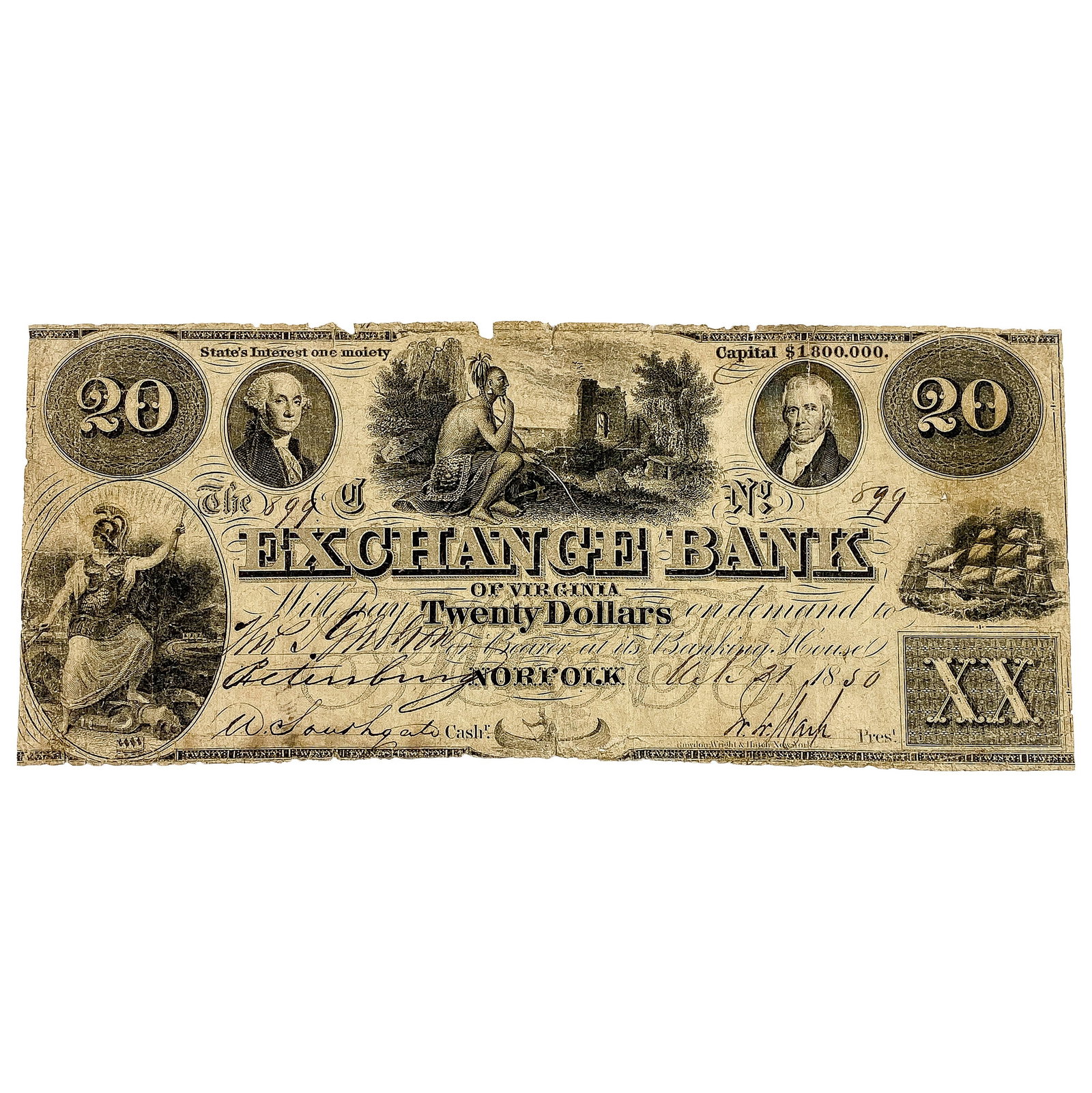 1850 $20 Exchange Bank of Virgina Note 4: 1850 $20 Exchange Bank of Virgina Note 4