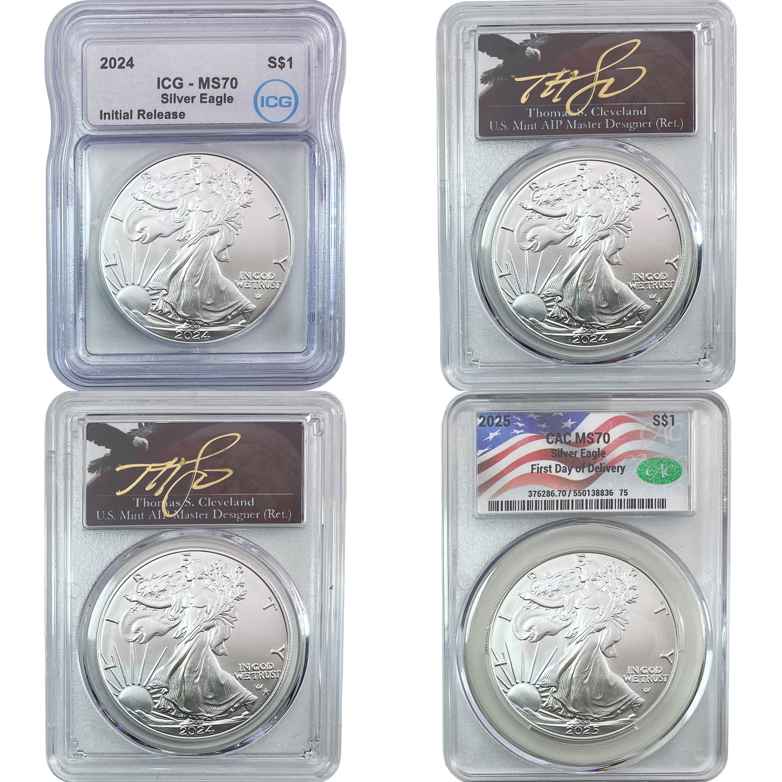 2024-2025 GEM BU Silver Eagle [4 Coins] PCGS/CAC/ICG MS70: 2024-2025 GEM BU Silver Eagle [4 Coins] PCGS/CAC/ICG MS70