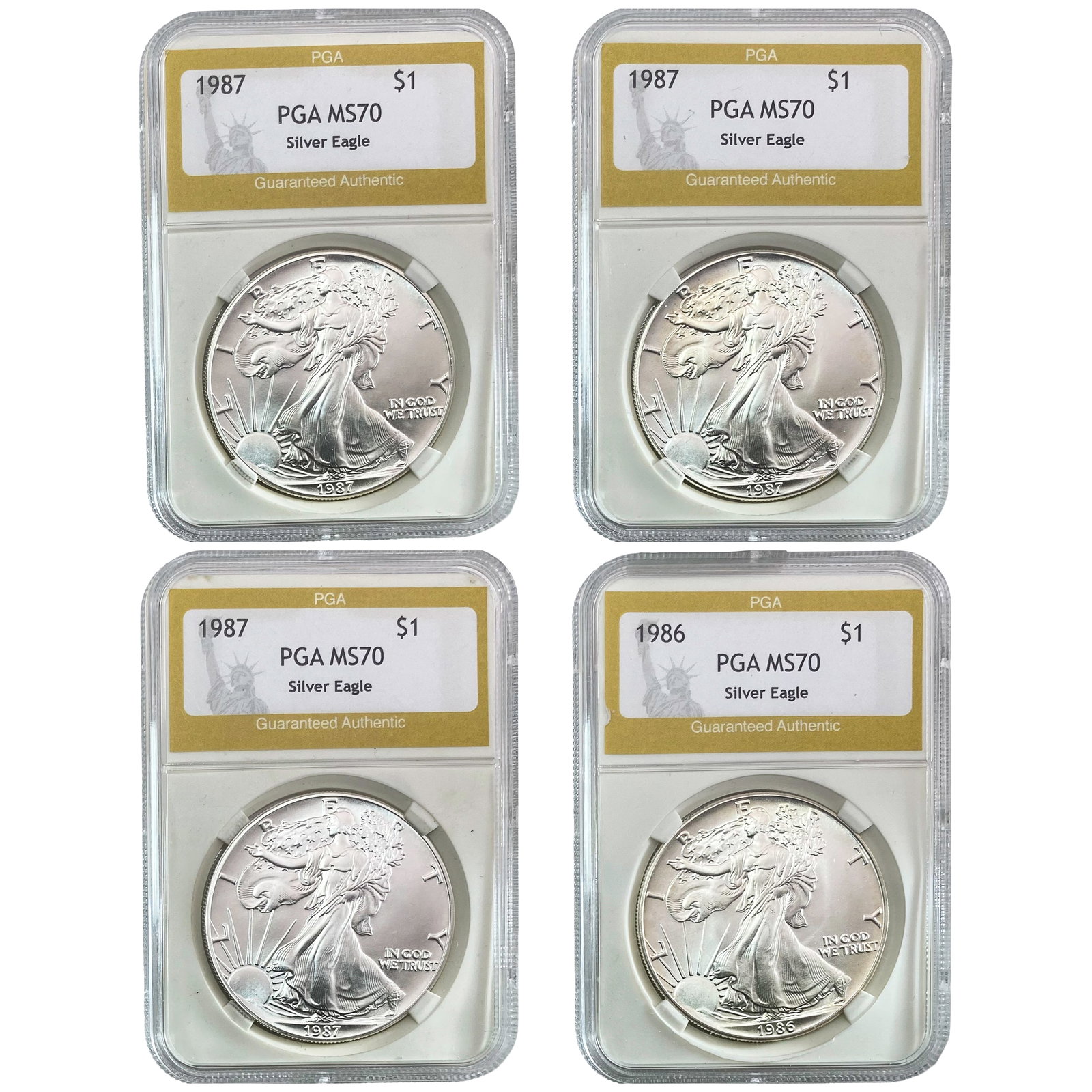 1986-1987 GEM BU Silver Eagle [4 Coins] PGA MS70: 1986-1987 GEM BU Silver Eagle [4 Coins] PGA MS70