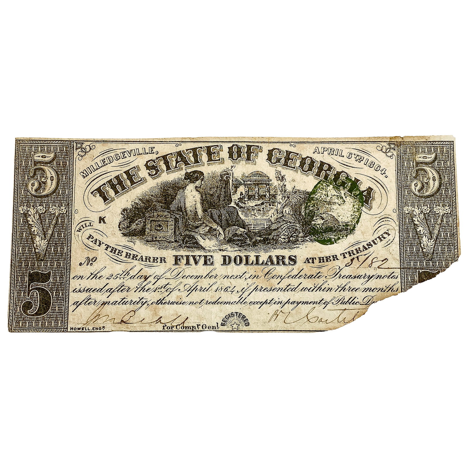 1864 $5 State of Georgia Confederate Note 3: 1864 $5 State of Georgia Confederate Note 3