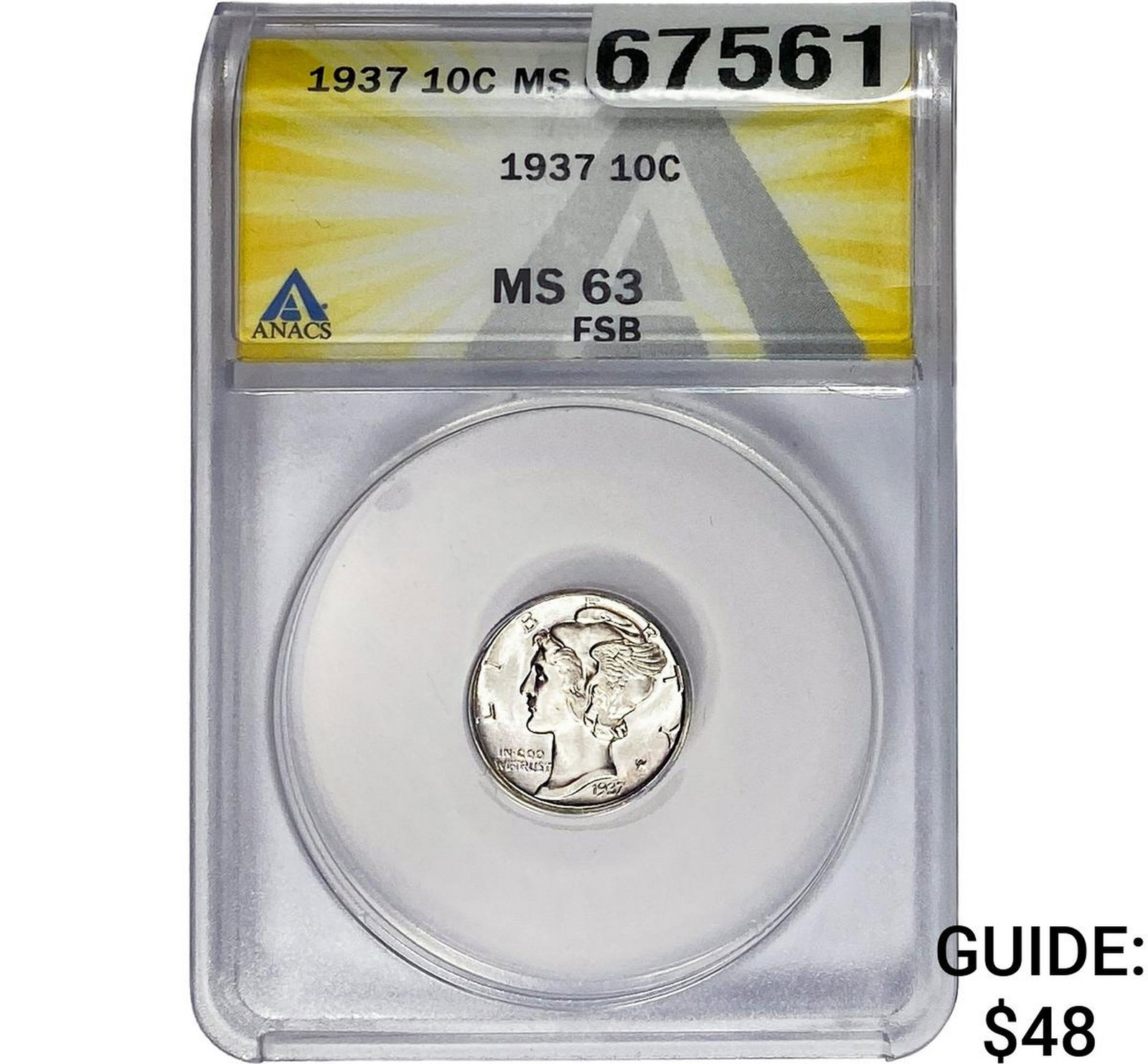 1937 Mercury Silver Dime ANACS MS63 FSB: 1937 Mercury Silver Dime ANACS MS63 FSB