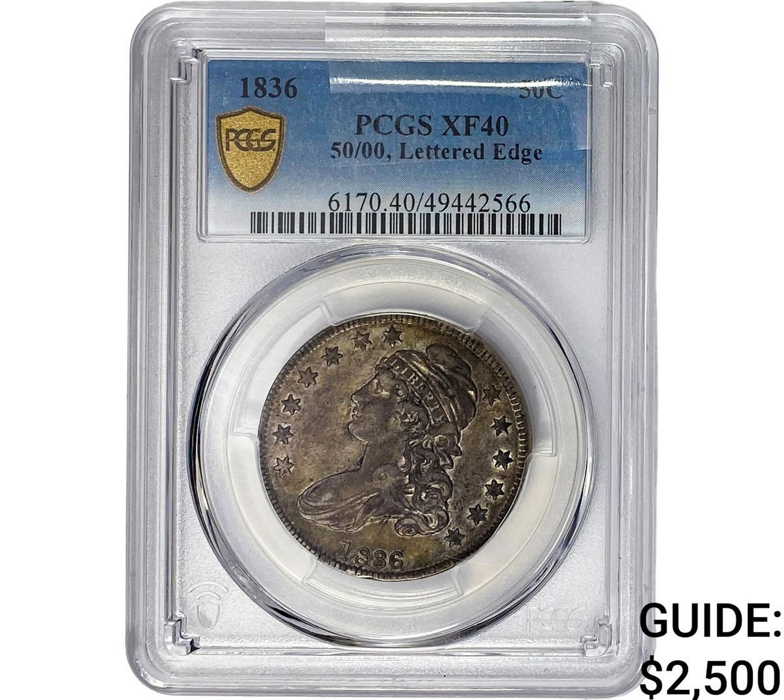 1836 Capped Bust Half Dollar PCGS XF40 50/00, Lettered Edge (1 of 2)