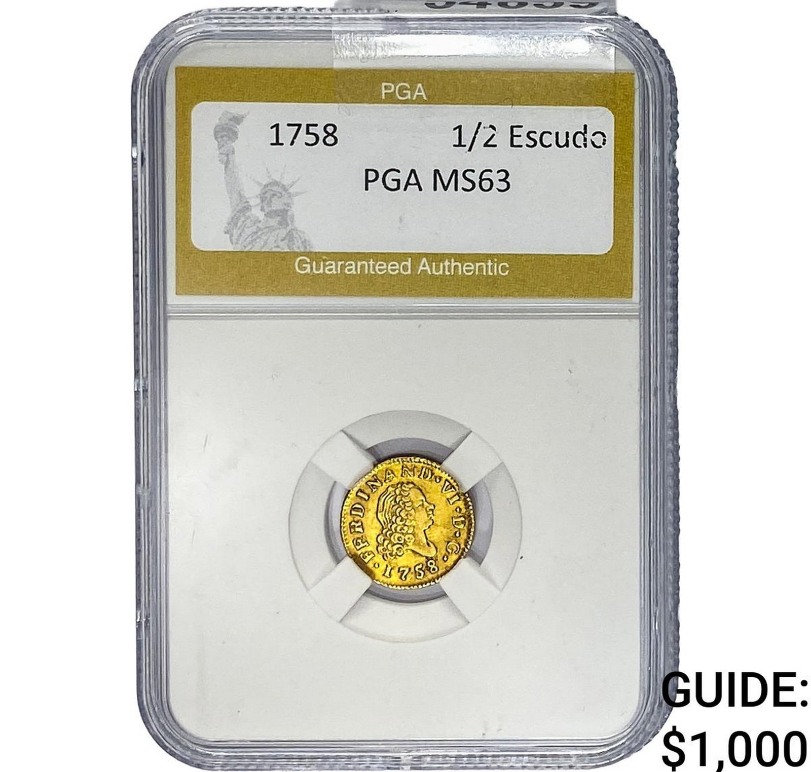 1758 Portugal 1/2 Escudo Gold .0498oz PGA MS63: 1758 Portugal 1/2 Escudo Gold .0498oz PGA MS63