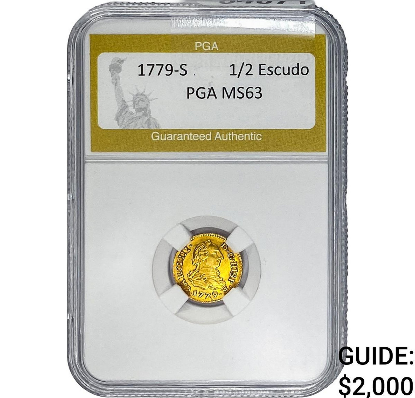 1779-S Porrugal 1/2 Escudo Gold .0498oz PGA MS63: 1779-S Porrugal 1/2 Escudo Gold .0498oz PGA MS63