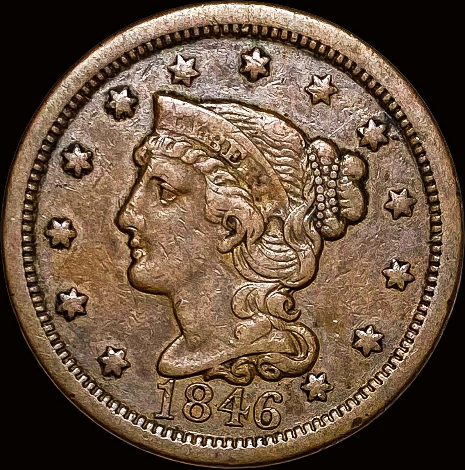 1846 Tall Date Braided Hair Large Cent LIGHTLY CIRCULATED (1 of 2)