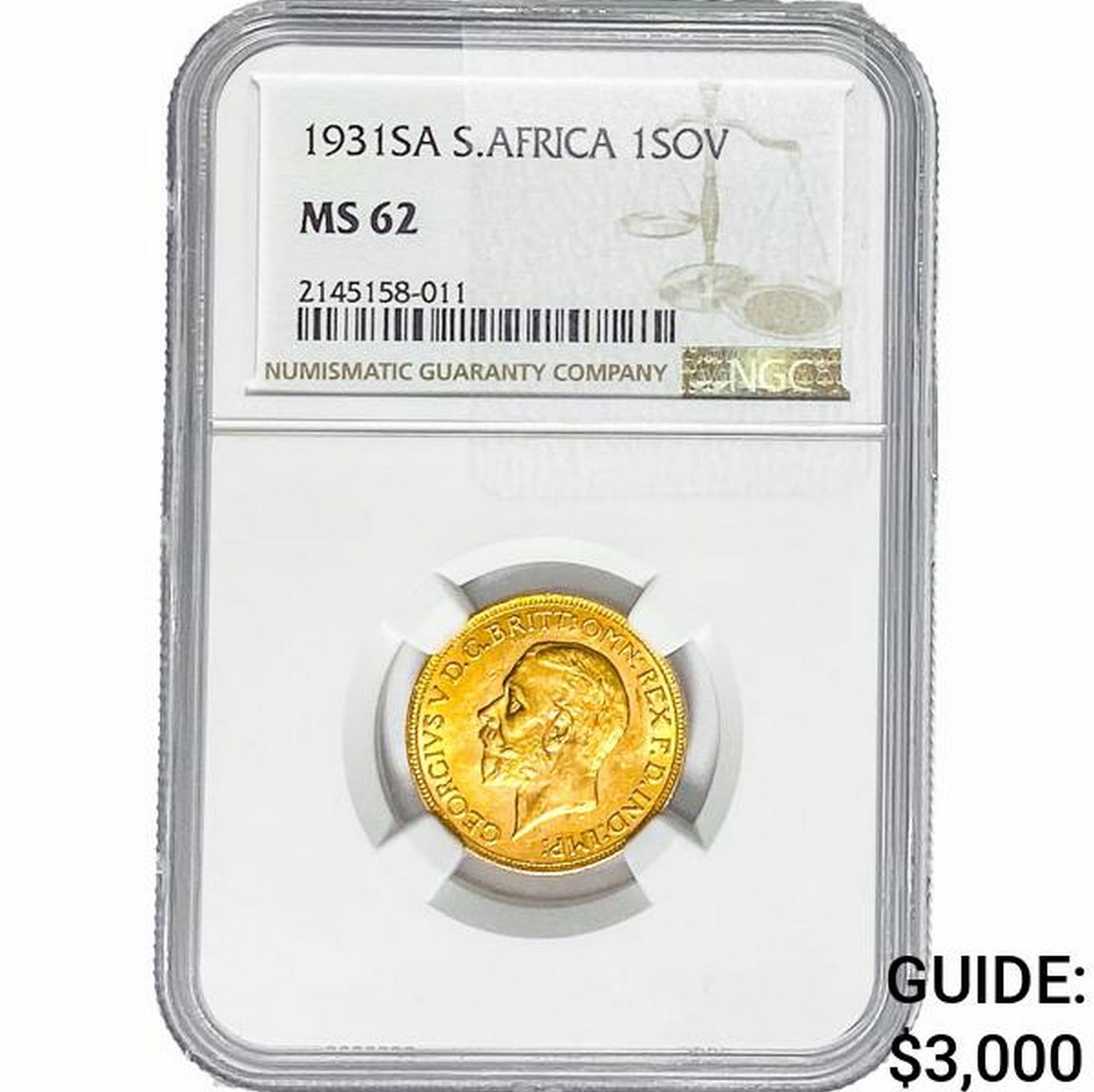 1931SA S. Africa .2355oz Gold 1 Sovereign NGC MS62: 1931SA S. Africa .2355oz Gold 1 Sovereign NGC MS62