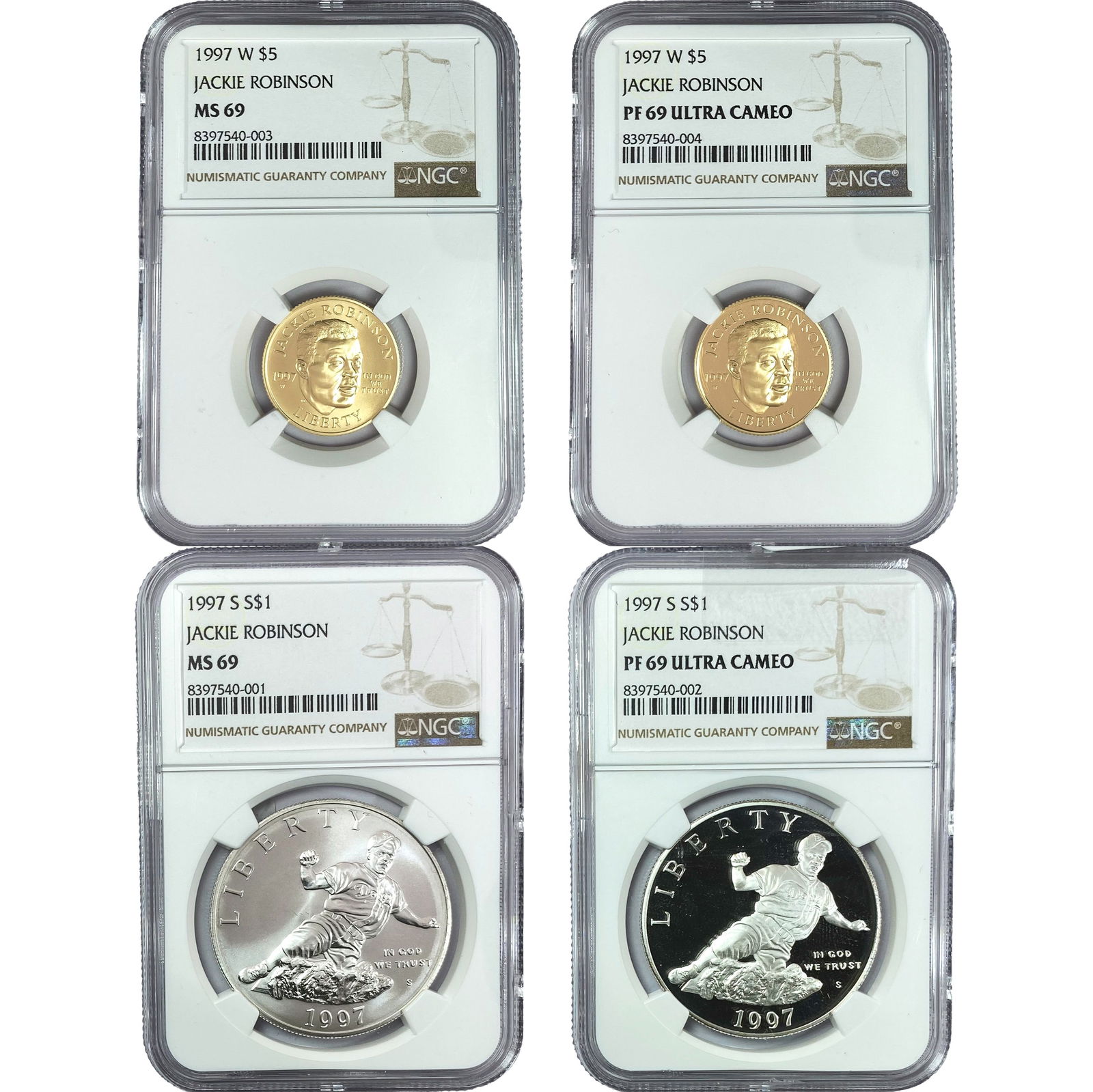 [4 Coins]1997 Jackie Robinson Silver Dollar& .2419oz Gold$5 NGC PF/MS69 Ultra Cameo (1 of 2)