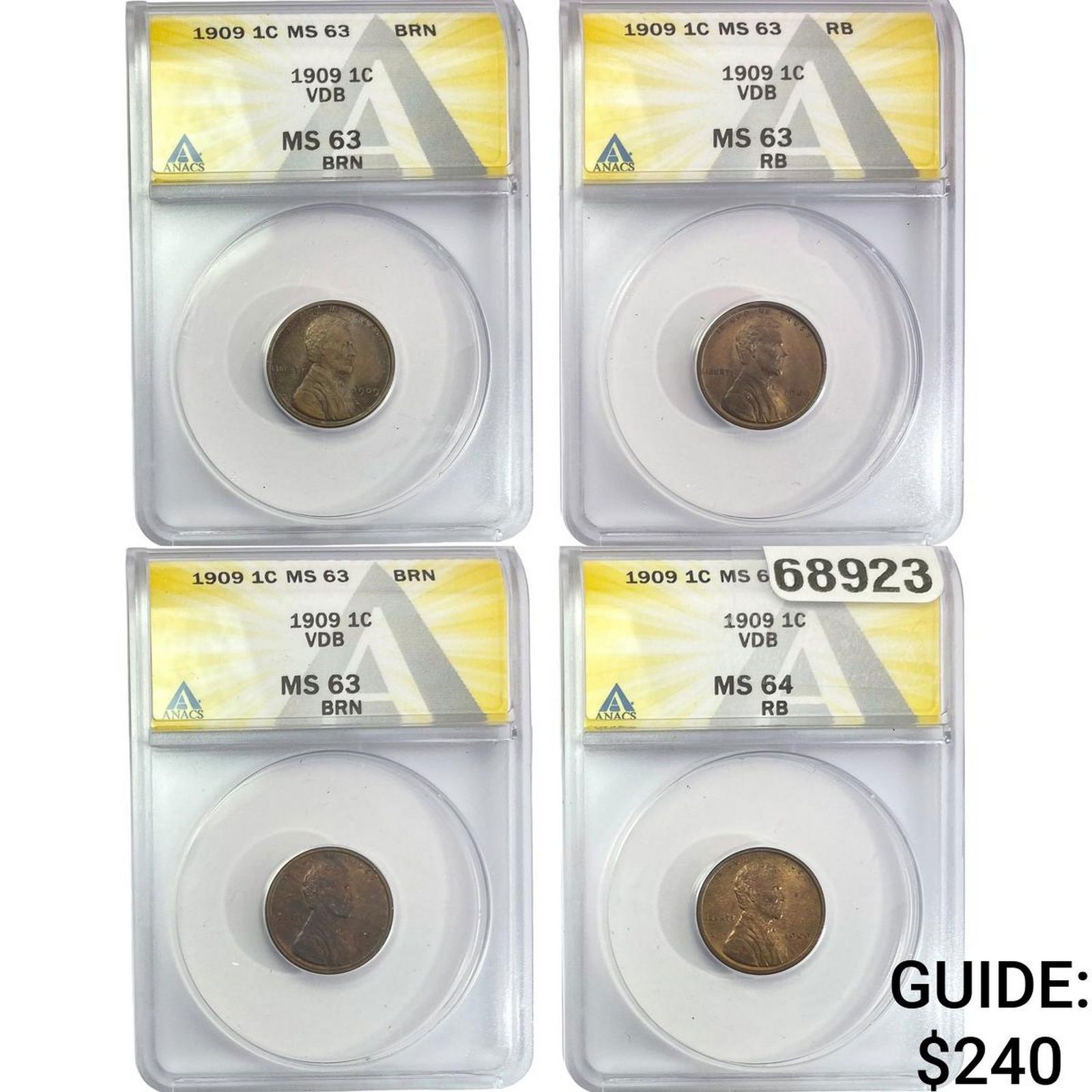 [4 Coins]1909 Wheat Cent ANACS MS64-64 RB VDB (1 of 2)