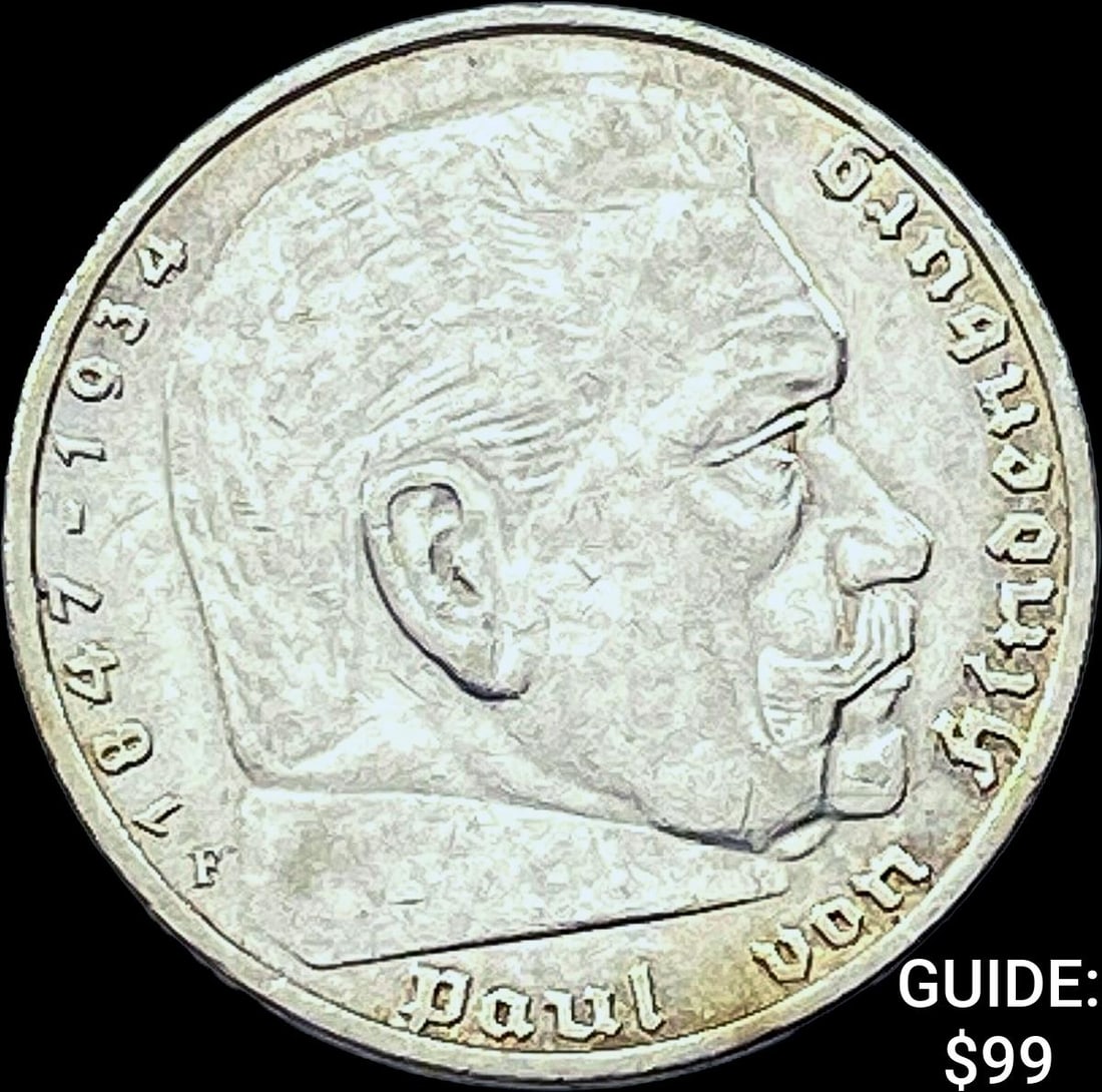 1936-F Germany Silver 5 Reichsmark CLOSELY UNCIRCULATED (1 of 2)