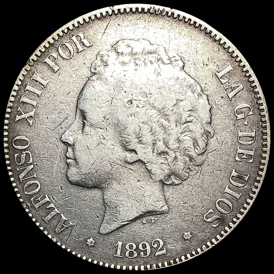 1892 Spain Silver 5 Pesetas LIGHTLY  CIRCULATED (1 of 2)