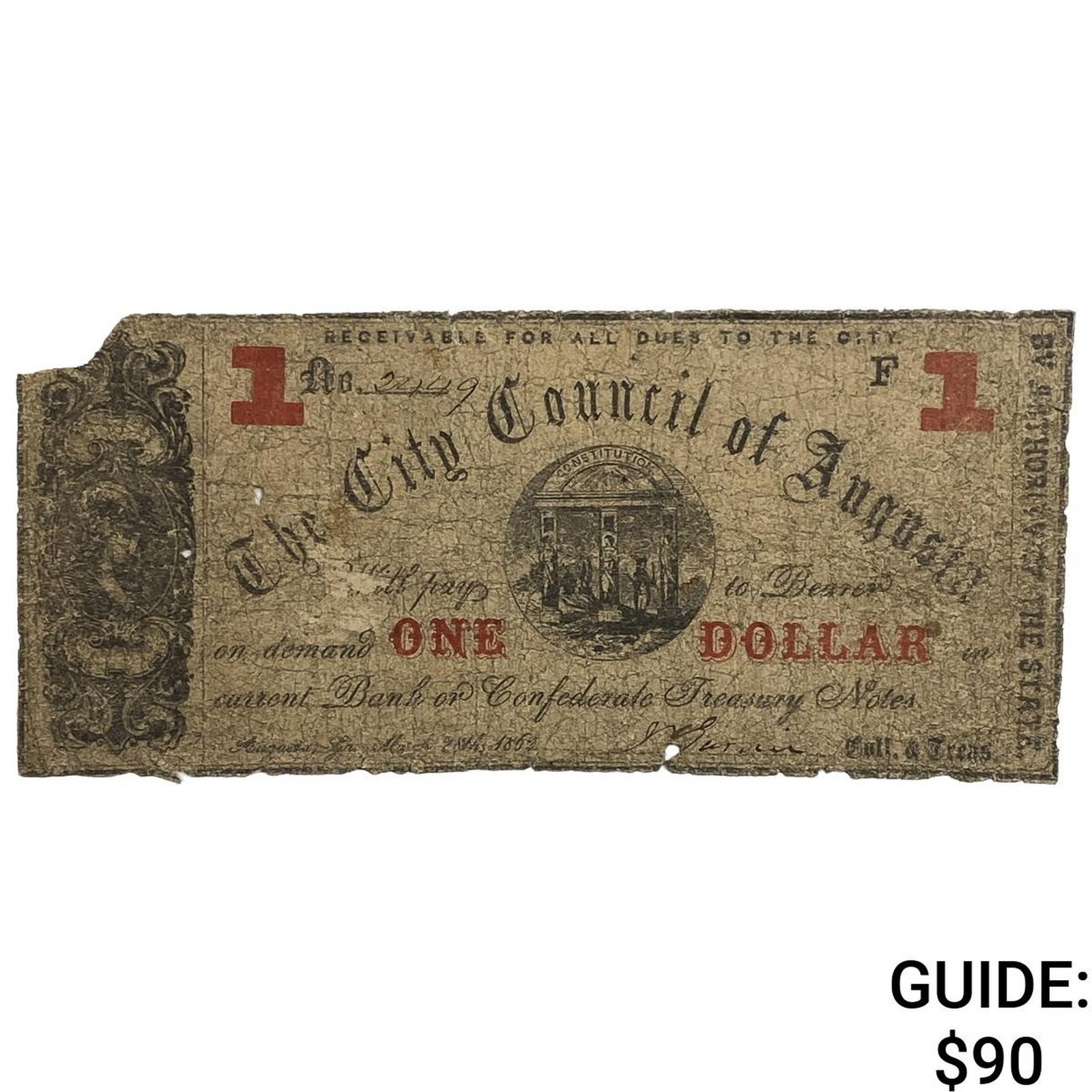 1862 $1 Bank of Confederate Treasury Note 4: 1862 $1 Bank of Confederate Treasury Note 4