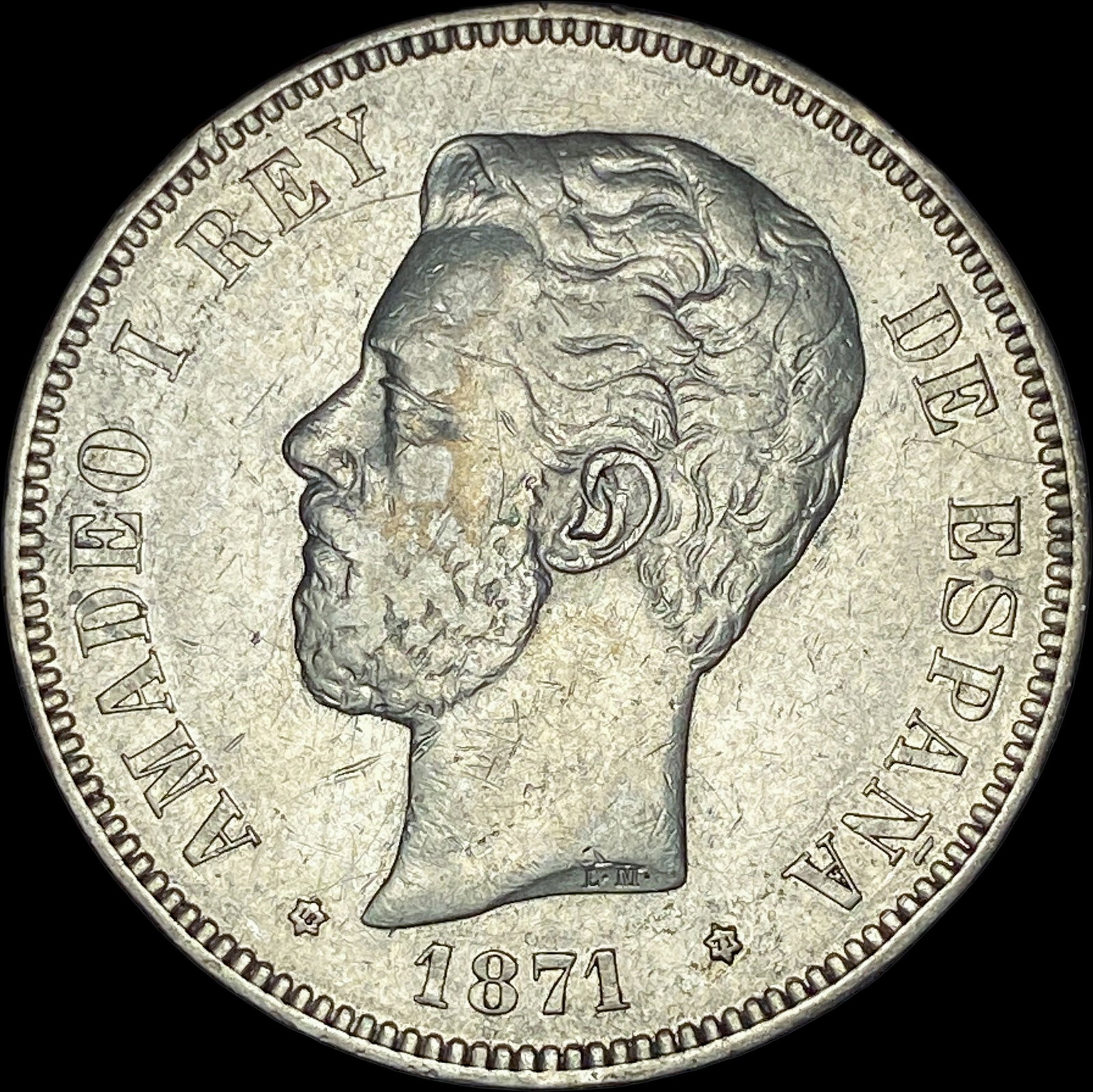 1871 Spain Silver 5 Pesetas NEARLY UNCIRCULATED: 1871 Spain Silver 5 Pesetas NEARLY UNCIRCULATED