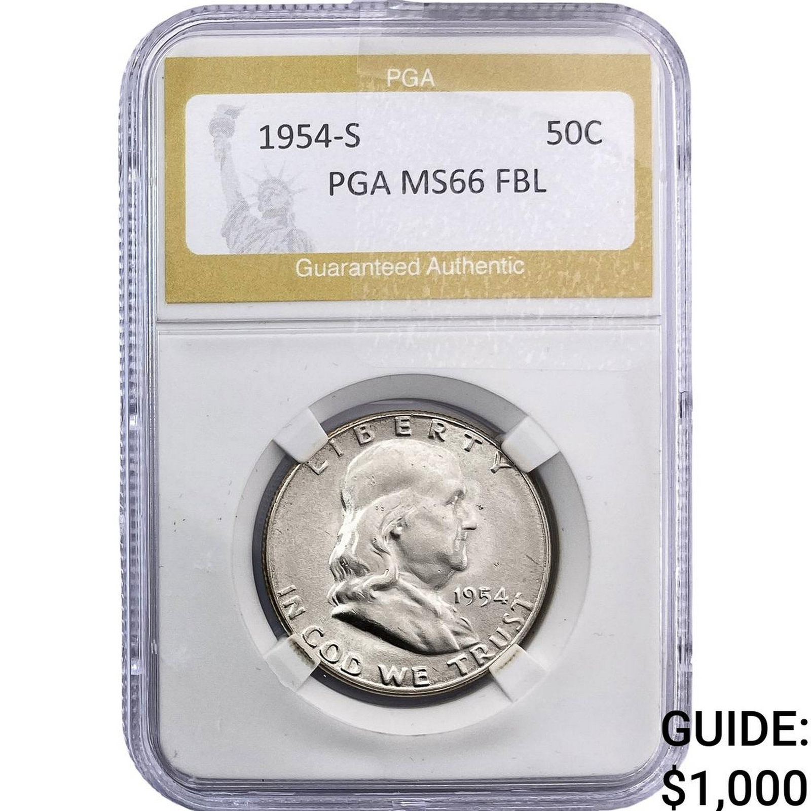 1954-S Franklin Half Dollar PGA MS66 FBL: 1954-S Franklin Half Dollar PGA MS66 FBL