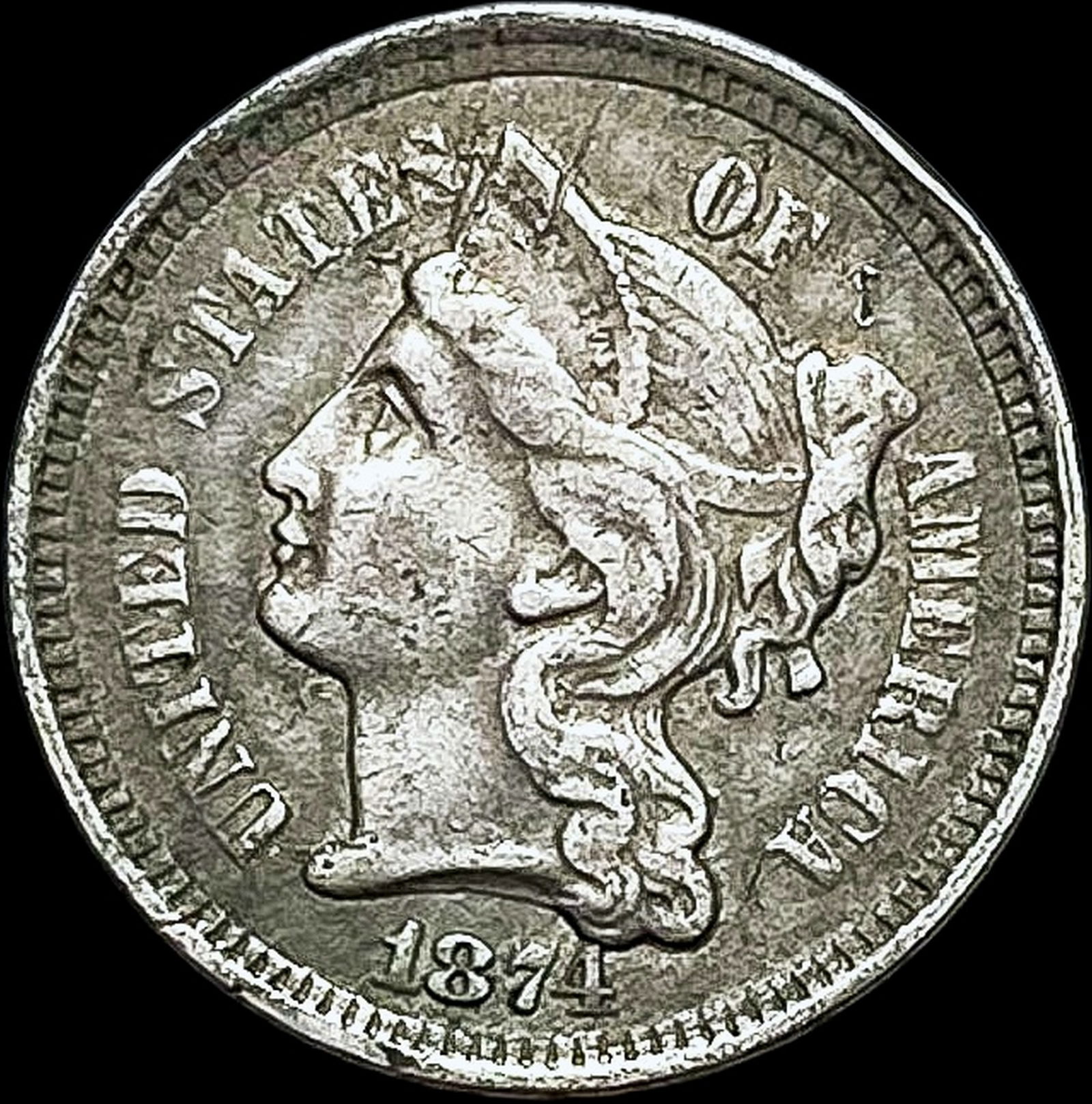1874 Nickel Three-Cent Piece NEARLY UNCIRCULATED (1 of 2)