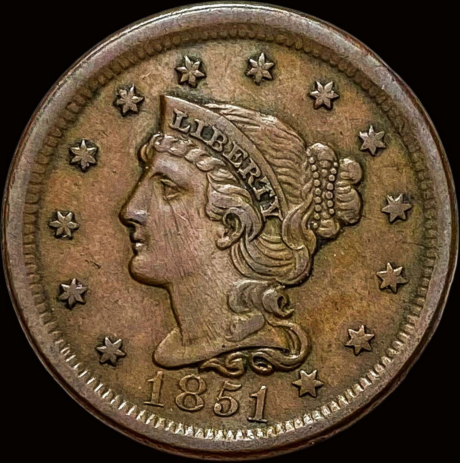 1851 Braided Hair Large Cent NEARLY UNCIRCULATED (1 of 2)