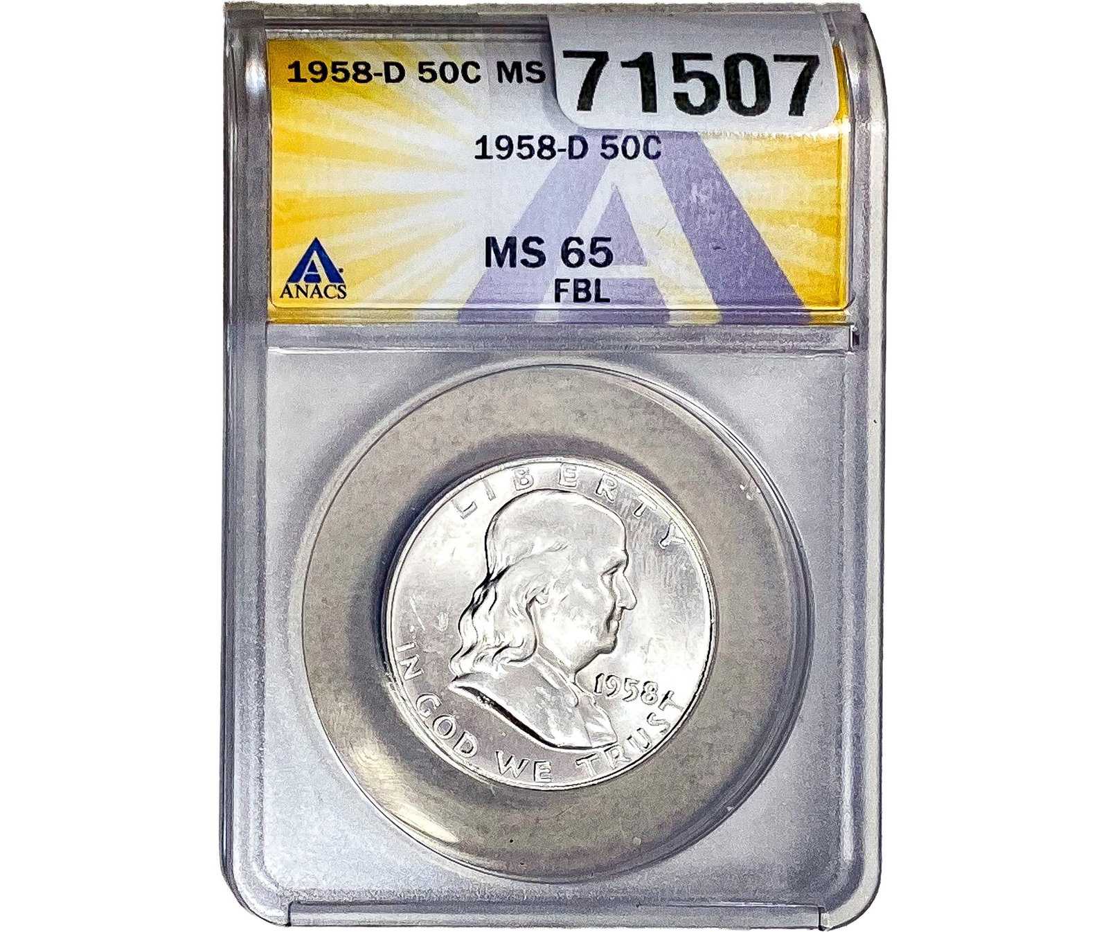 1958-D Franklin Half Dollar ANACS MS65 FBL: 1958-D Franklin Half Dollar ANACS MS65 FBL
