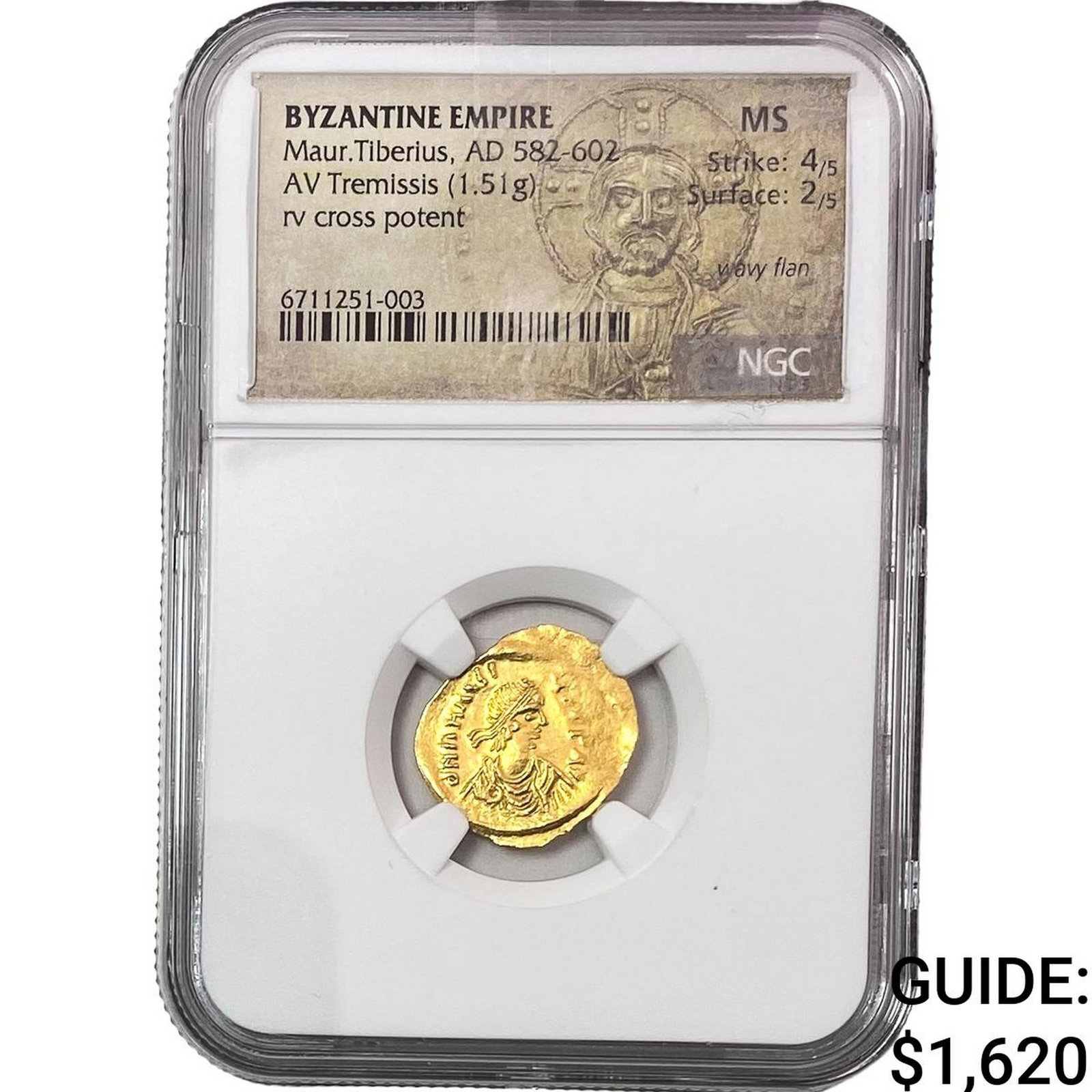 Byzantine Maur.Tiberius AD582-602 Gold Tre. 1.51g NGC MS: Byzantine Maur.Tiberius AD582-602 Gold Tre. 1.51g NGC MS