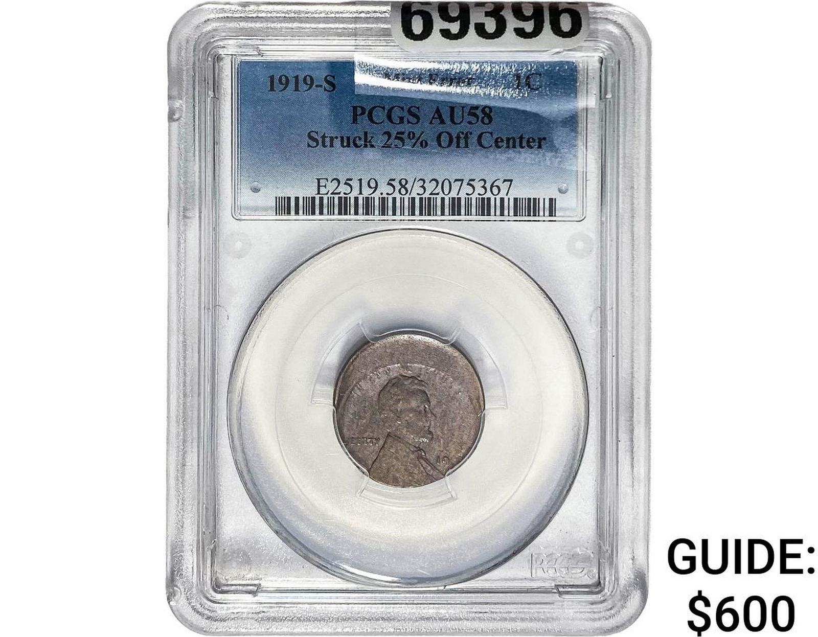 1919-S Wheat Cent PCGS AU58 Struck 25% Off Center (1 of 2)