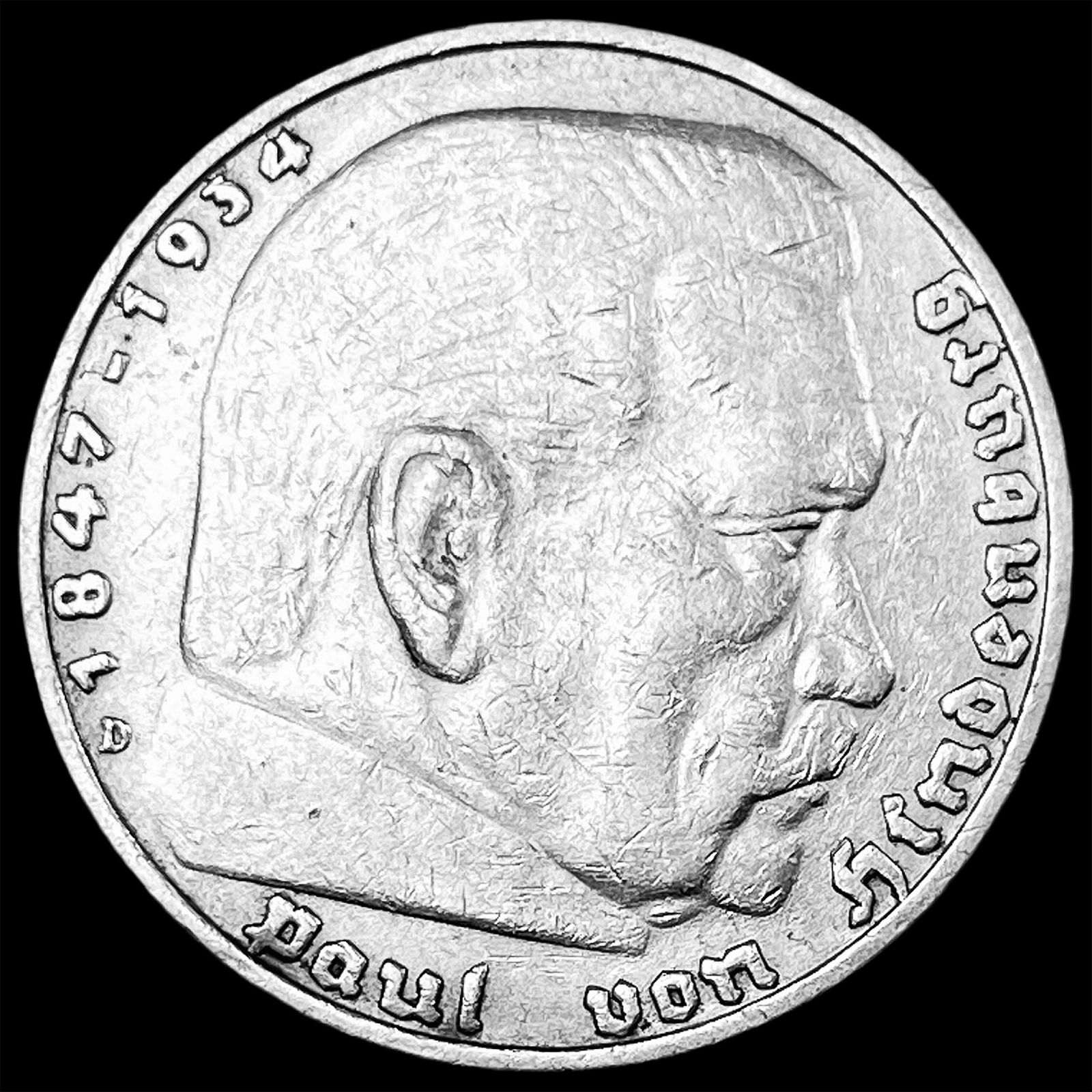 1936-D Germany Silver 5 Reichsmark CLOSELY UNCIRCULATED (1 of 2)