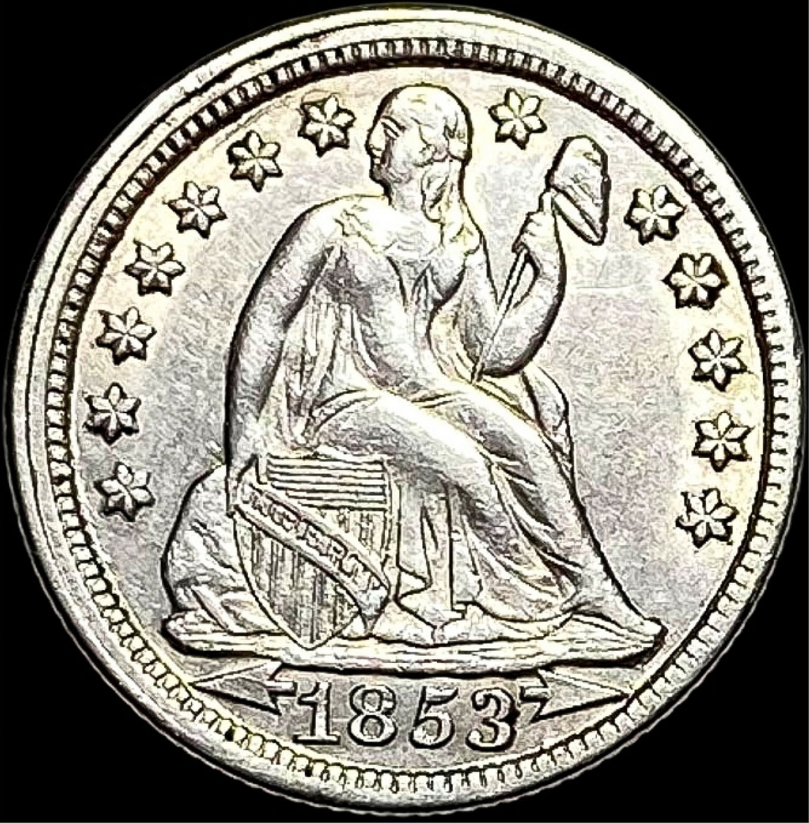 1853 ARROWS Seated Liberty Dime CLOSELY UNCIRCULATED (1 of 2)