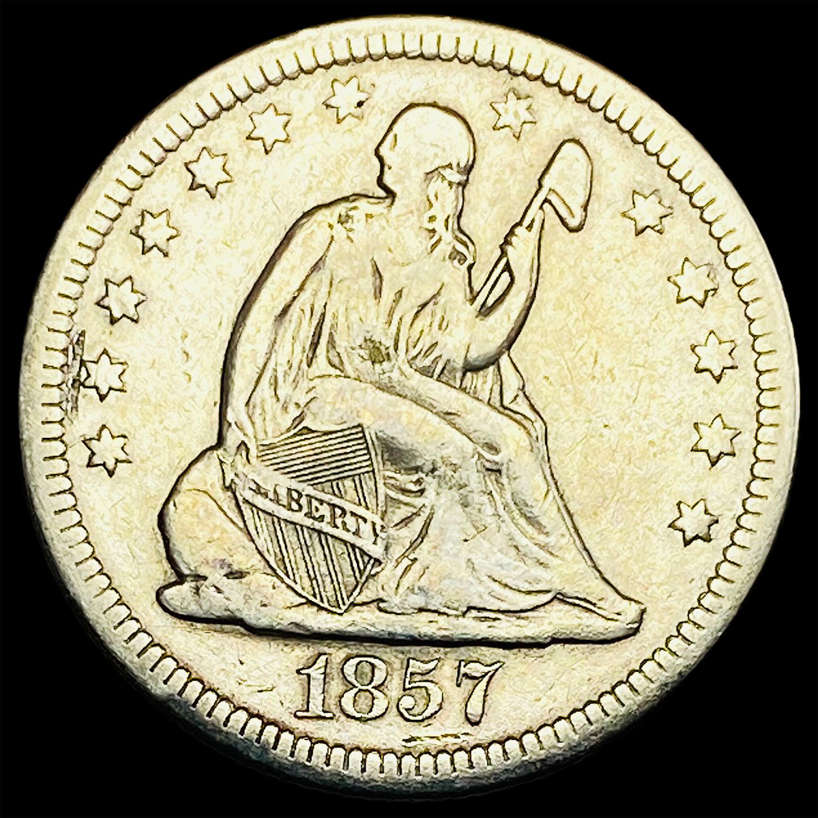 1857-O Seated Liberty Quarter ABOUT UNCIRCULATED (1 of 2)