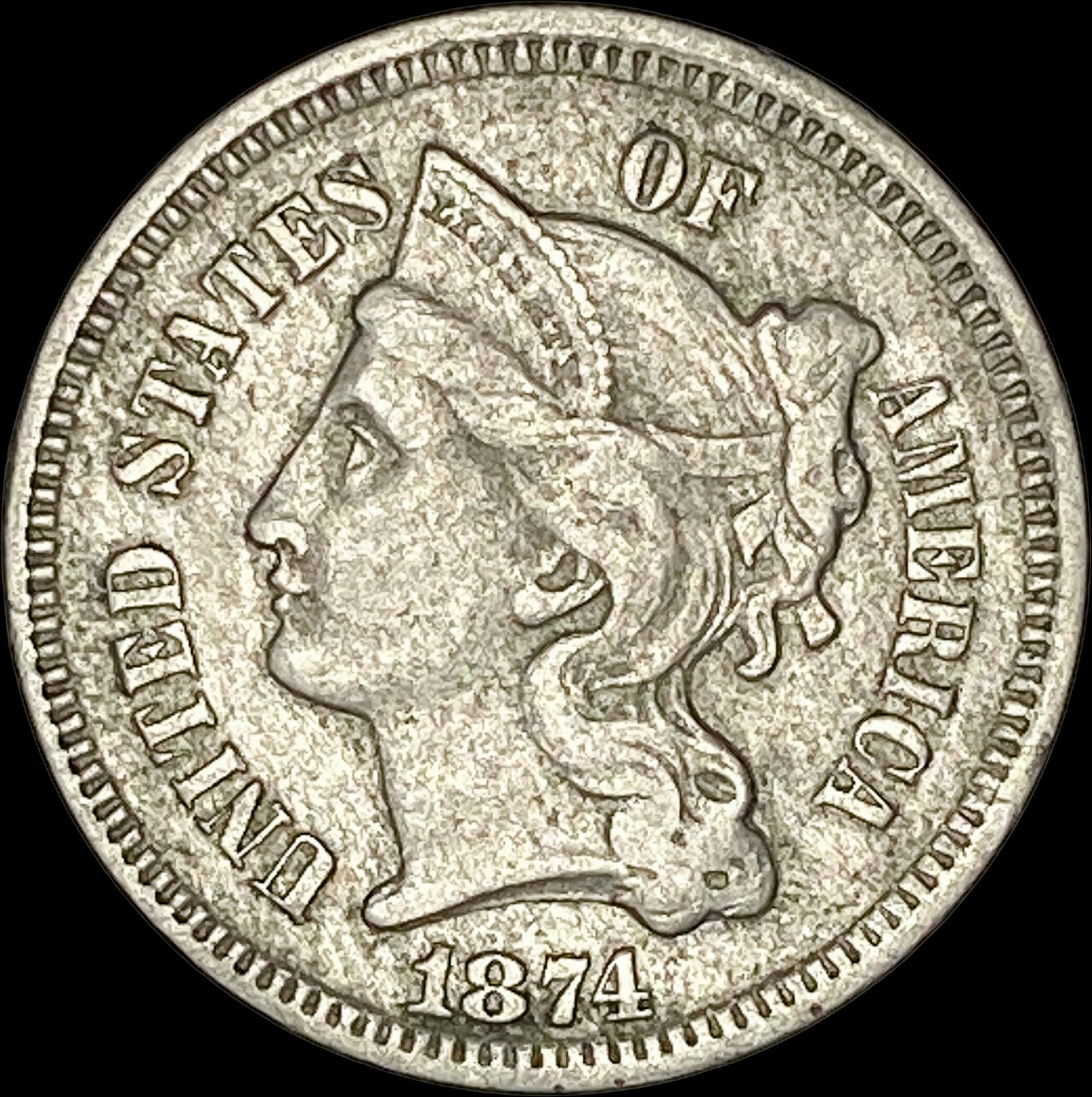 1874 Nickel Three-Cent Piece NEARLY UNCIRCULATED (1 of 2)