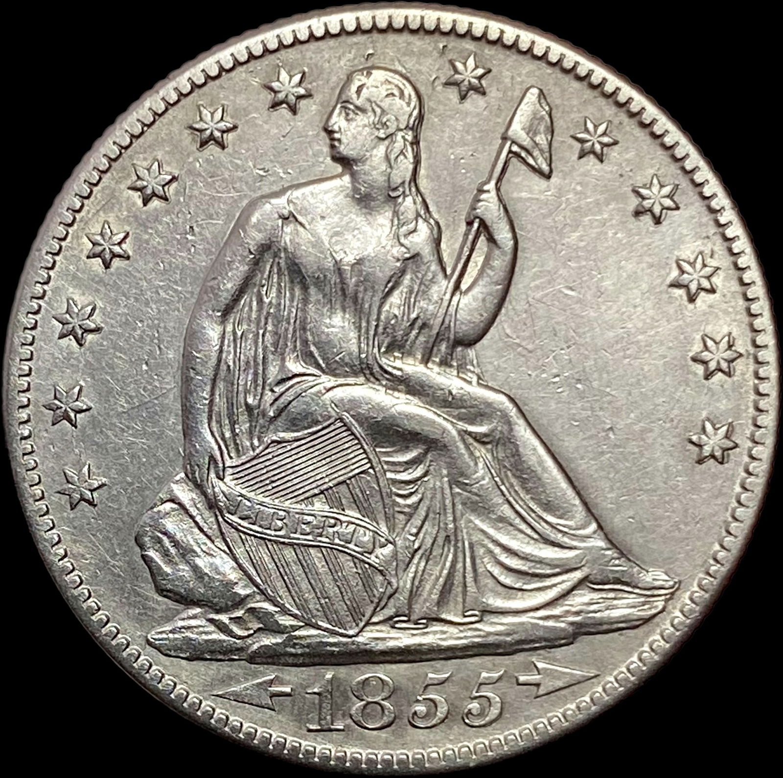 1855-O Silver Seated Liberty Half Dollar CLOSELY UNCIRCULATED (1 of 2)