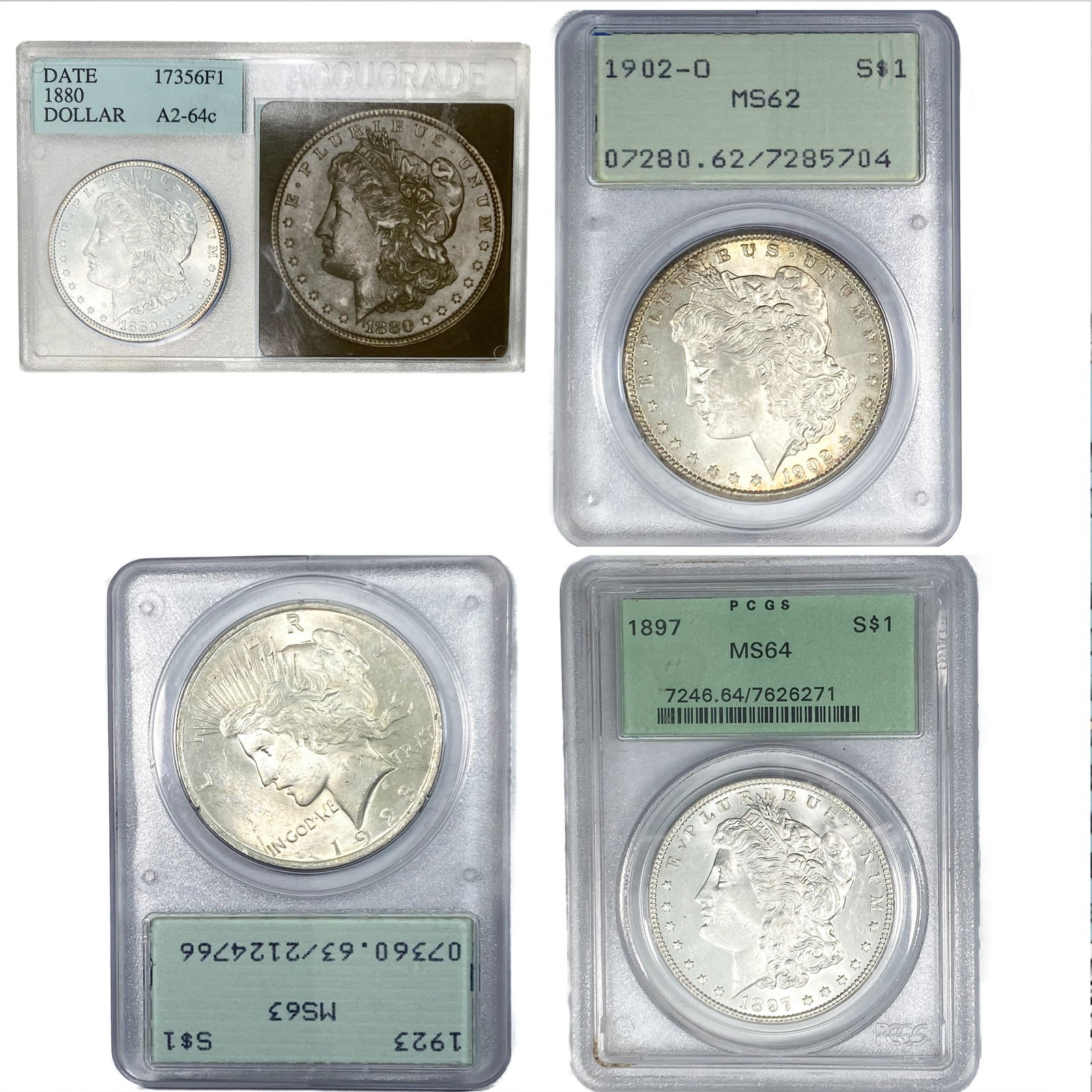 1880-1923 [4] Old Holder Silver Dollars PCGS/Accugrade MS62-65 (1 of 9)