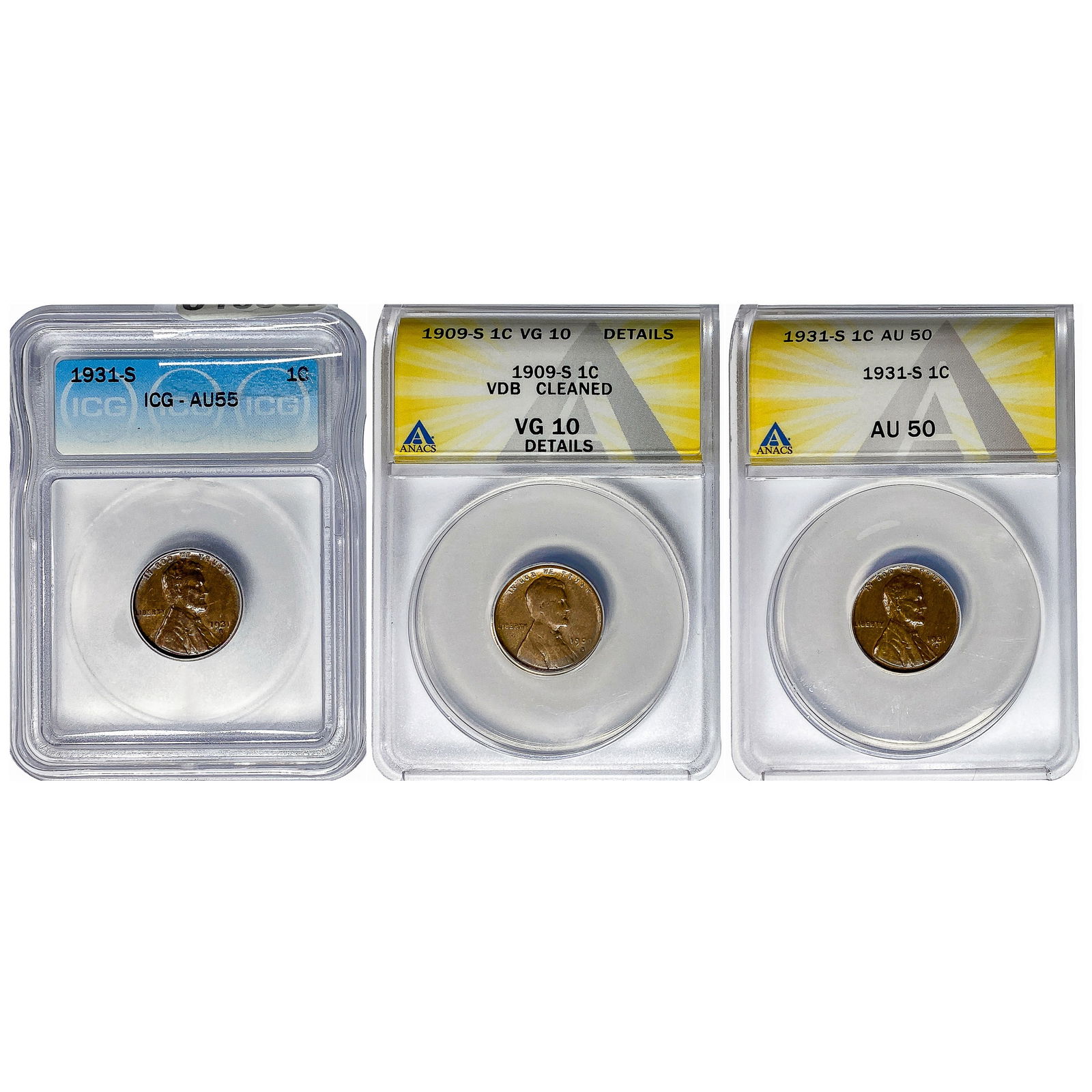 1909-SVDB-1931-S Lincoln Cent ICG VG-AU10-55 Details [3Coins]: 1909-SVDB-1931-S Lincoln Cent ICG VG-AU10-55 Details [3Coins]
